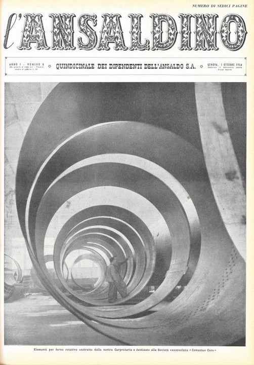 p. 1 (copertina), elementi per forno rotativo costruito dal reparto Carpenteria Ansaldo e destinati a una società venezuelana, 1954